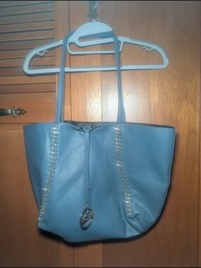 BCBG Blue Pebbled Tote with Chain Trim and Logo Charm